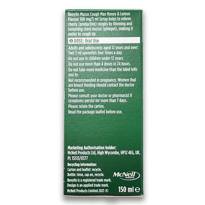 Benylin Mucus Cough MAX 100mg/5ml Syrup - Honey and Lemon - Rightangled