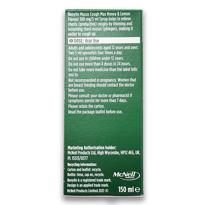 Benylin Mucus Cough MAX 100mg/5ml Syrup - Honey and Lemon - Rightangled